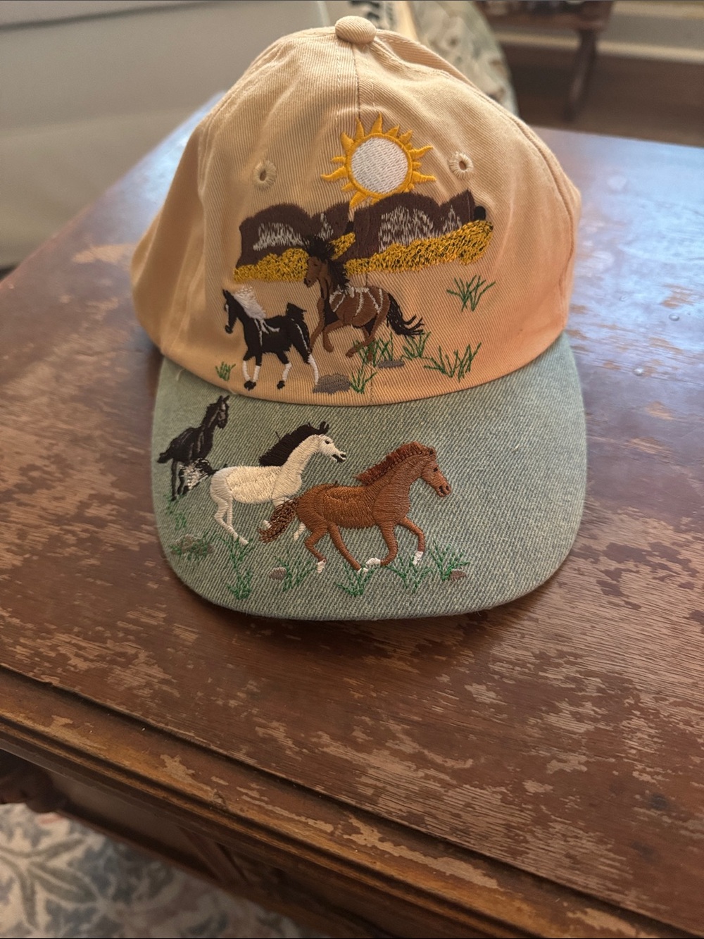 New Never Ladies Beige & Light Blue Horse Embroidered Adjustable Cap - Unbranded